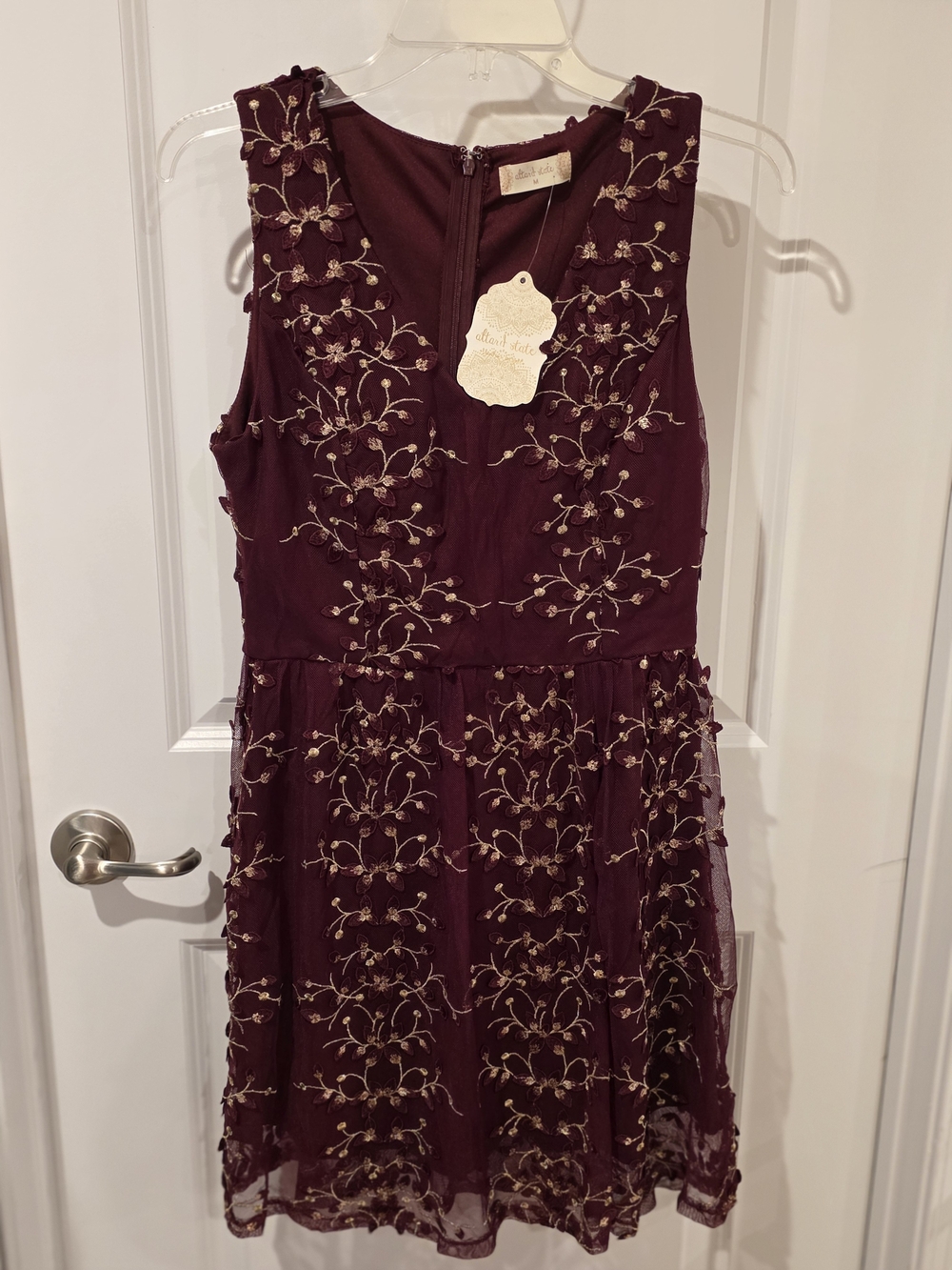 Altar'd State Burgundy Midi Dress with Gold Embroidery